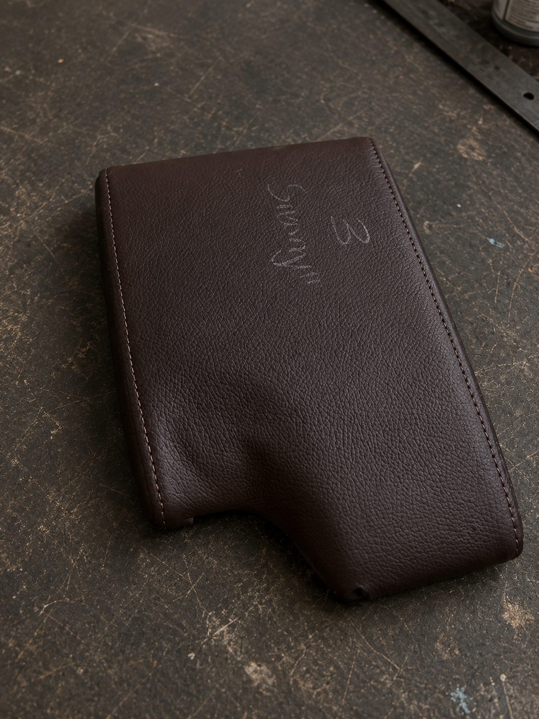 Brown leather centre console armrest, re-trimmed