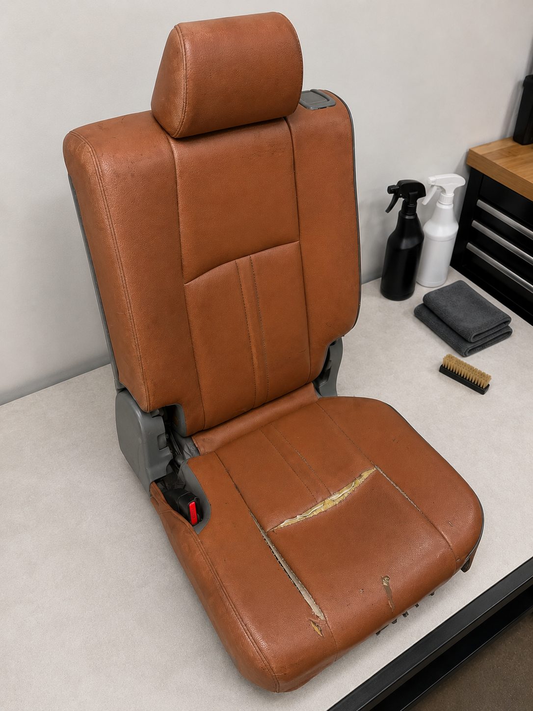 Brown leather seat cushion split open along the seam