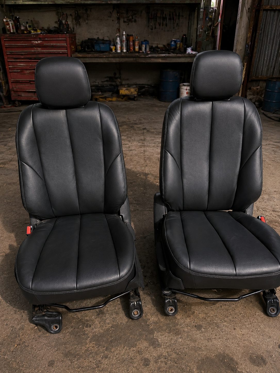 Black leather front seat pair, freshly finished