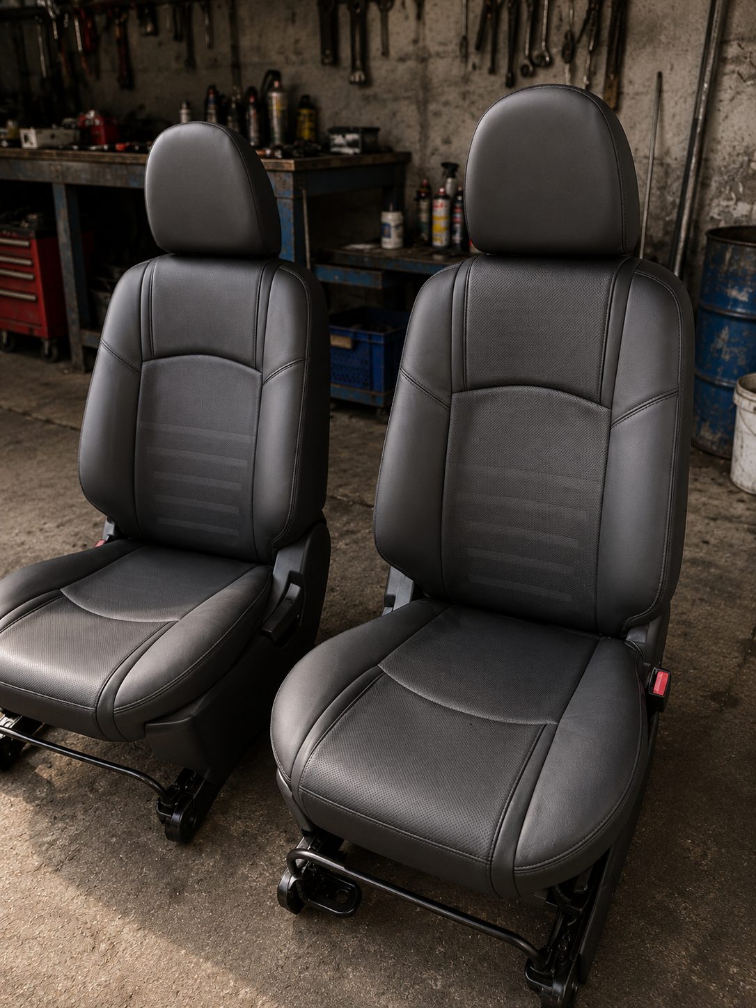 Perforated black leather seat pair, fully rebuilt