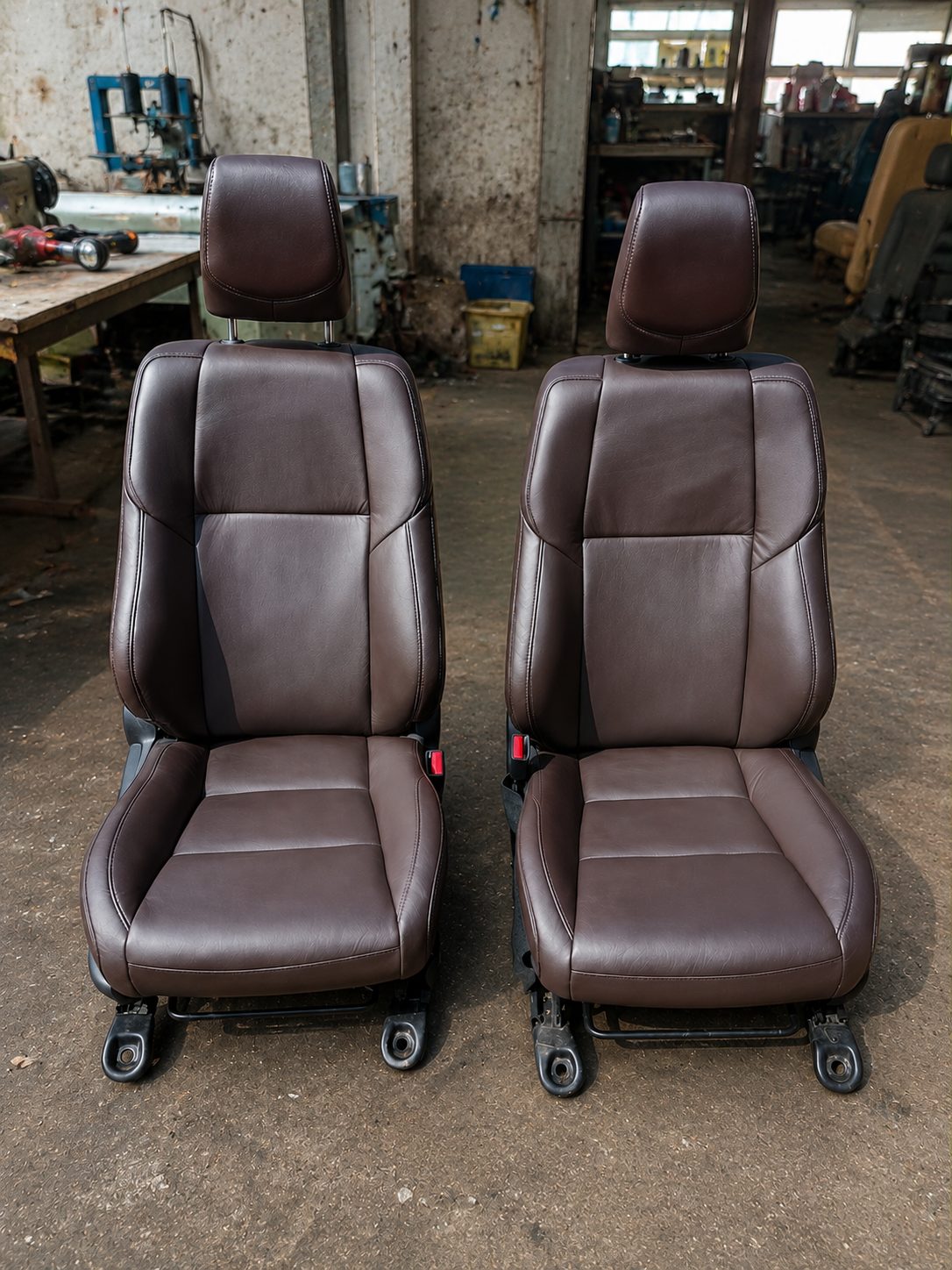 Brown leather front seat pair after re-trim
